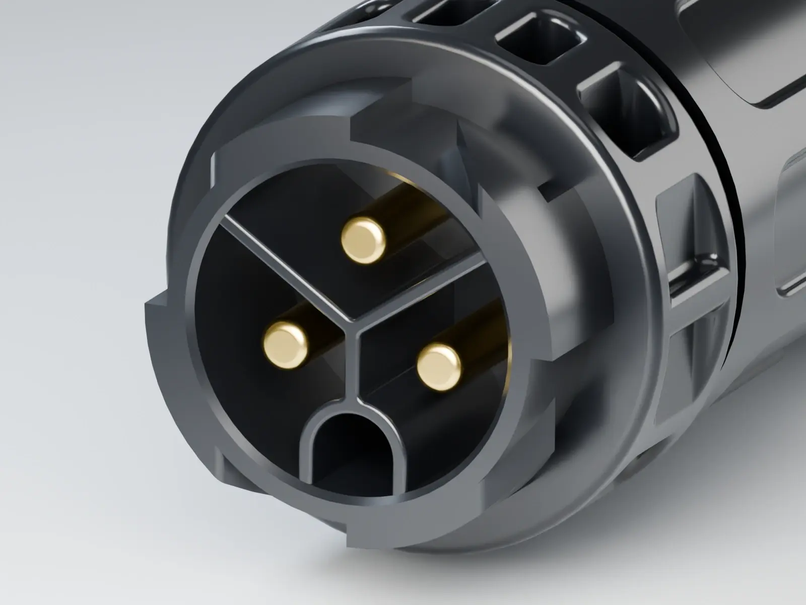 Close-up of the original model material of the connector's gold-plated contacts