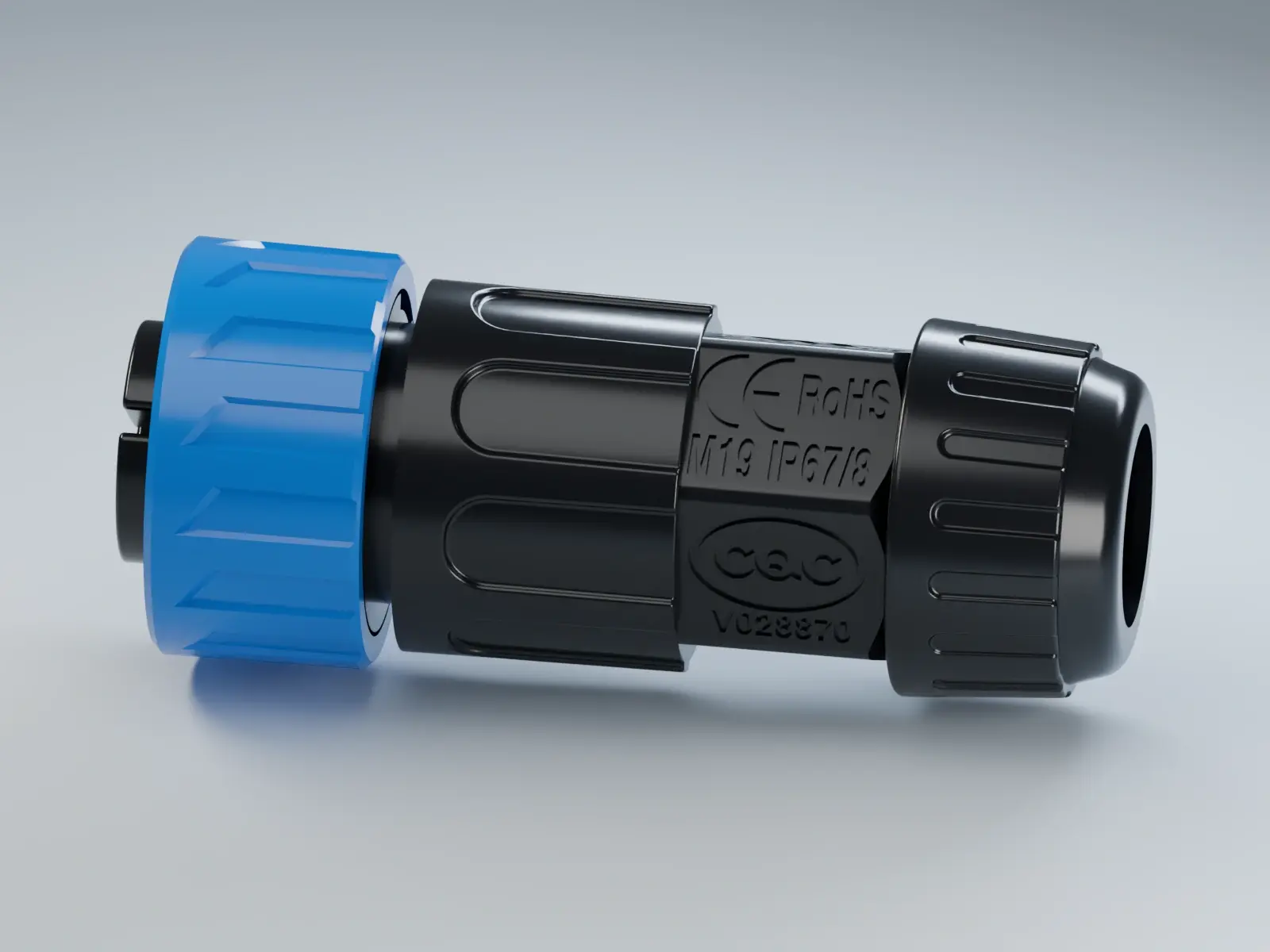 M19 3-pin female contact original model, held in an orderly manner. Locking is tactile.