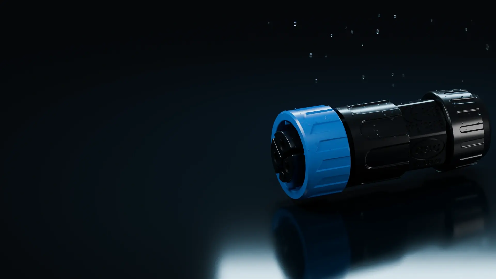M19 original model render, cool cyan lighting with water droplets on the housing